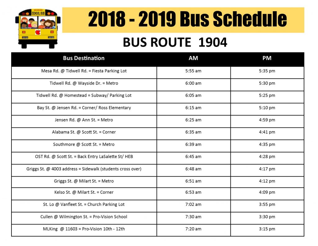 20182019 New Bus Schedule 1904 ProVision Inc